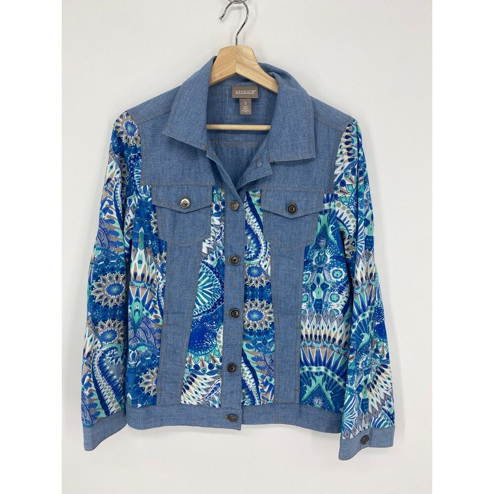 Chico's Women's Sz 1 Cotton Button Down Blouse Shirt Shacket Blue Paisley, 1614
